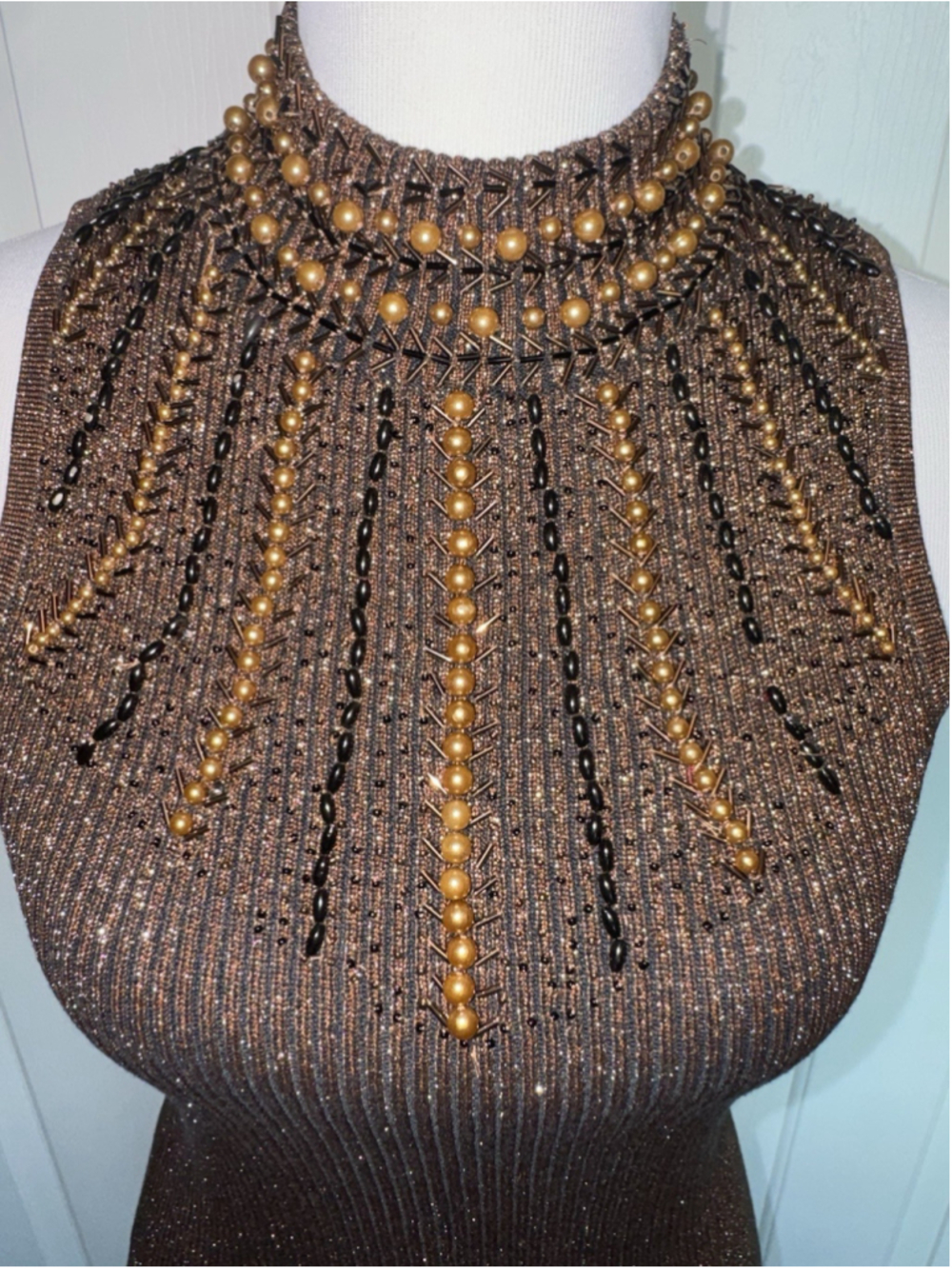 Vintage Cache Y2K Silk Blend Metallic Beaded Mock Neck Top M Party Going Out - Picture 5 of 12